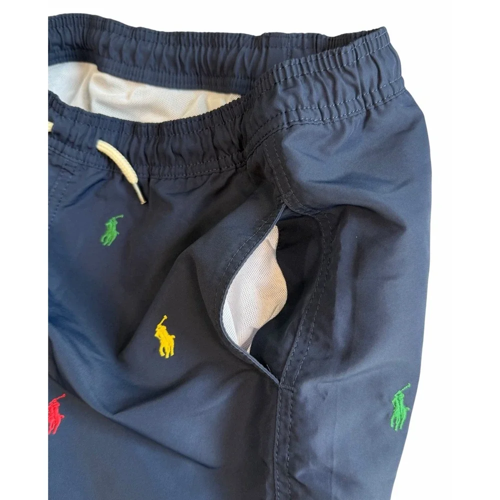Polo Ralph Lauren Young Boys Navy Blue AOP Logo Swim Trunks Shorts Size M 10/12